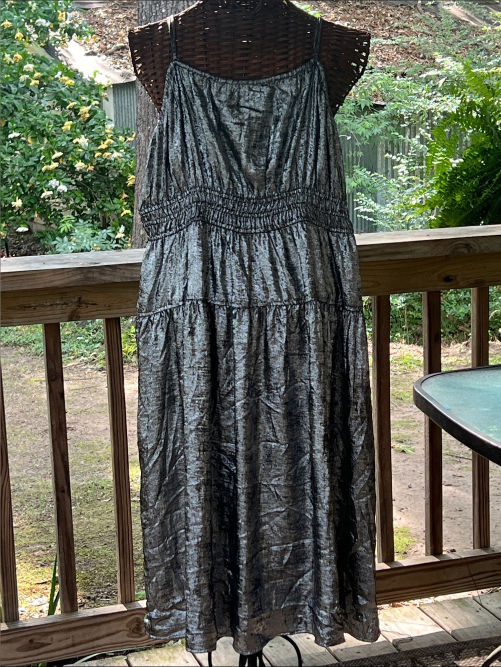 Metallic Silver Tiered Spaghetti-Strap Maxi Dress
